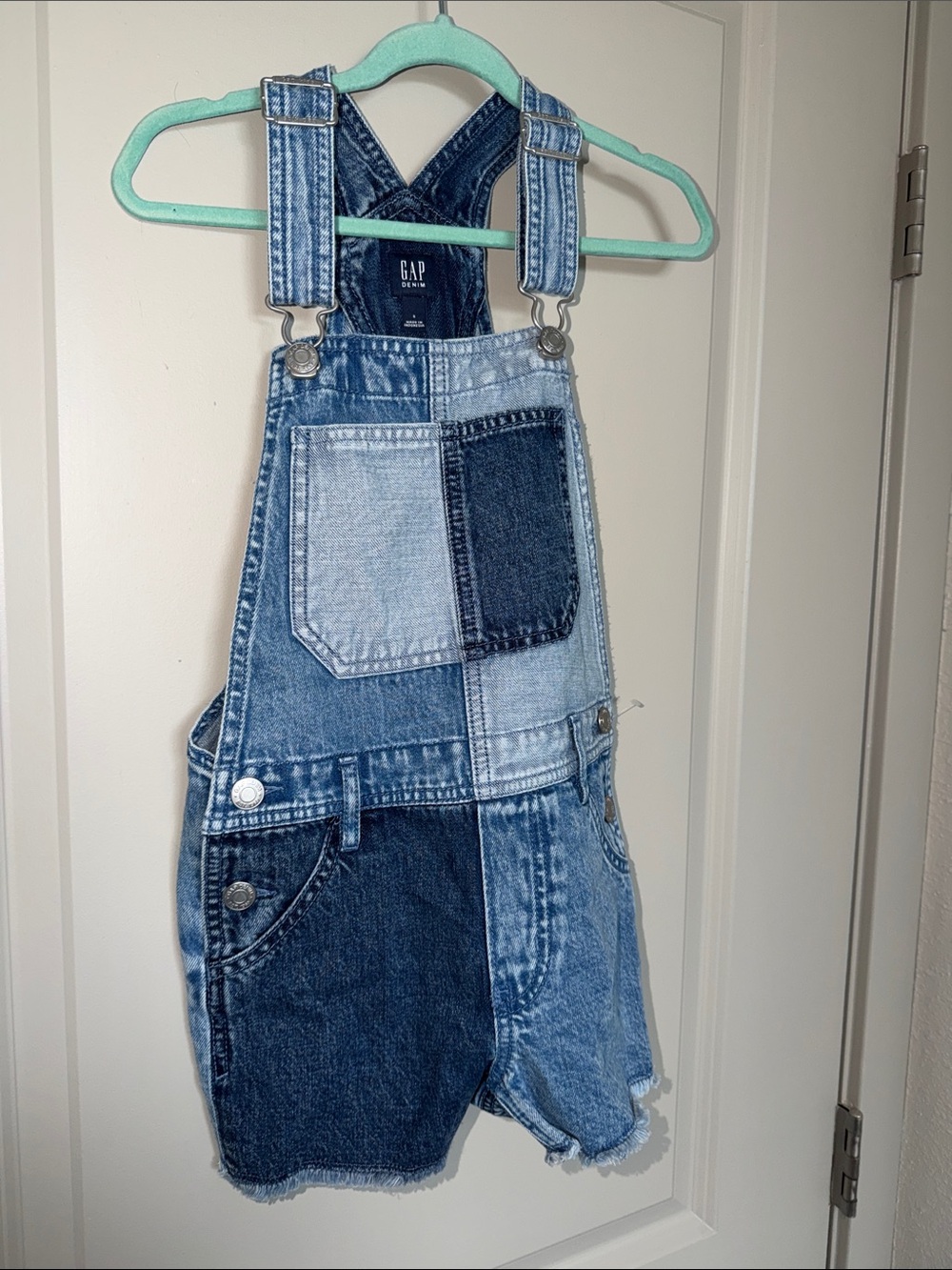 GAP Kids Two-Tone Blue Patchwork Denim Short Overalls